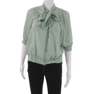 Ray Beams Womens Basic Silk Collared Blouse 3/4 Sleeve Button Green Size M